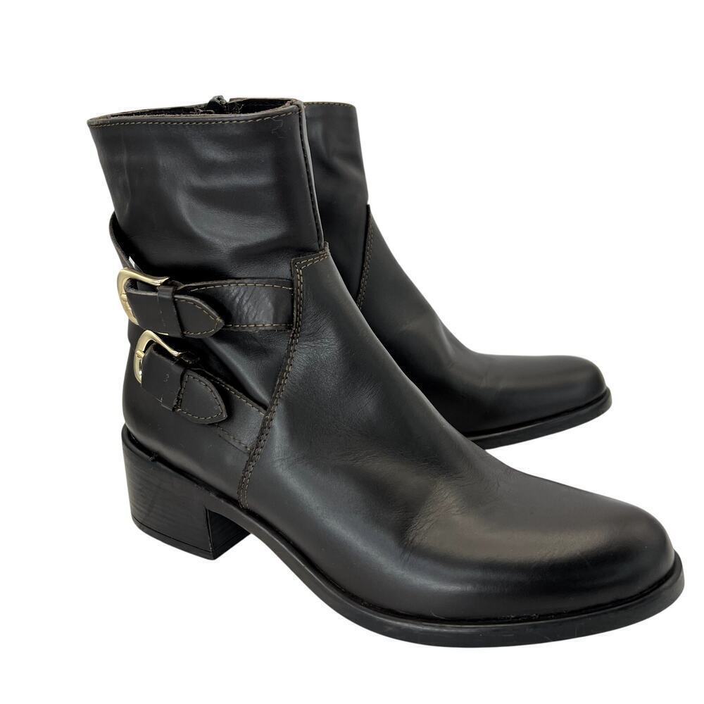 Emanuele Castro Dark Brown Leather Boot Double Buckle Moto 41 NEW Block Heel